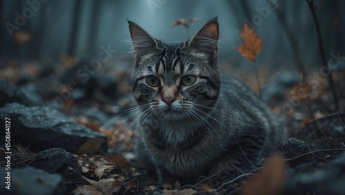 A stray cat who loves adventure and freedom, captured in a natural outdoor setting amidst rocks and fallen leaves.