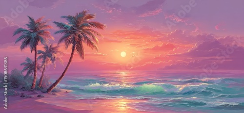 Pastel Pink Sunset Beach Scene With Palm Trees