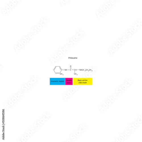 Prilocaine skeletal formula. Simple schematic illustration of local anesthetic molecule structure - basic amine side chain, aromatic region and Amide bond.