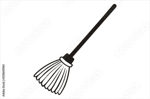 Broom magic. A vehicle for the witch. Element of witchcraft. Symbol of magic. Tattoo broomstick or print for Halloween or all saints ' day. Vector art, silhouette, illustration,  cartoon on white back