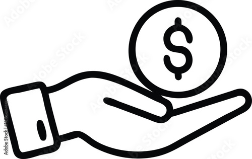 Simple hand holds a coin with a dollar symbol on it, transparent background