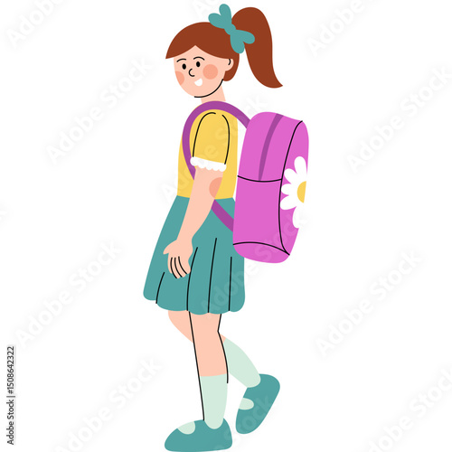 Schoolgirl walking with pink backpack.  Happy schoolgirl walking with a pink flower backpack, perfect for education or back-to-school themes.