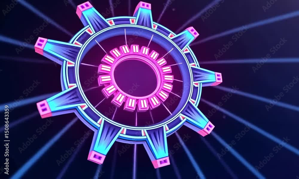 Holographic Settings Gear Icon with Pulsing Light Effects in Neon Purple and Cyan, Representing High-Tech Digital Projection and Futuristic UI Panel


