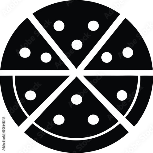 Black and white pizza icon with six slices illustrates delicious round shape on transparent background