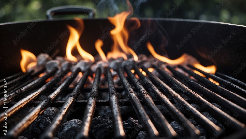 Empty BBQ Charcoal Cast Iron Grill with bright flames in the background, outdoor BBQ party or picnic concept. Empty BBQ Charcoal Cast Iron Grill with bright flames in the background, outdoor BBQ party or picnic concept.