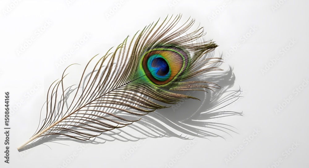 Fototapeta premium Elegant Peacock Feather on White Background - Close-up Studio Shot