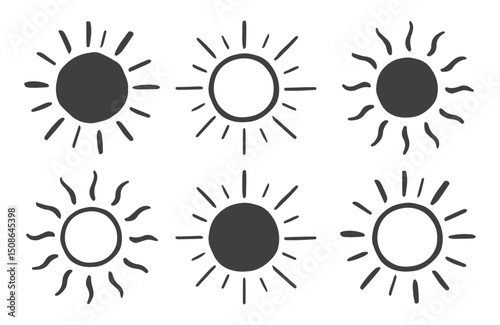 Hand drawn sun icon and symbol collection, isolated sun symbols set. Vector illustration image. Isolated on white background.