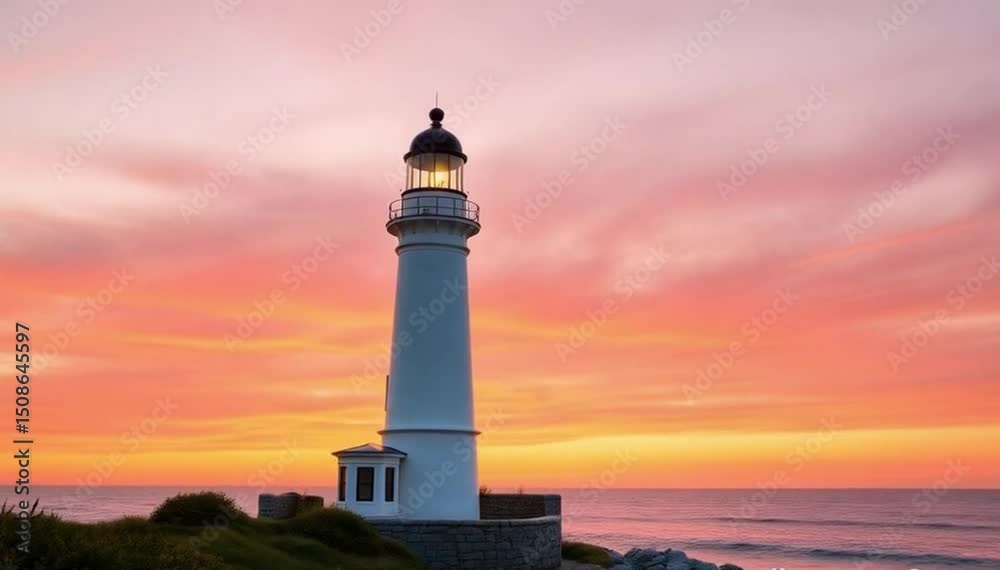 Picturesque white lighthouse at the sunset. crane up camera shot Picturesque white lighthouse at the sunset. crane up camera shot