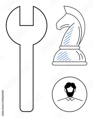 Wrench, chess knight, and male profile highlight teamwork, strategy, leadership, decision-making, planning, creativity and problem-solving. Ideal for innovation and flat simple metaphor