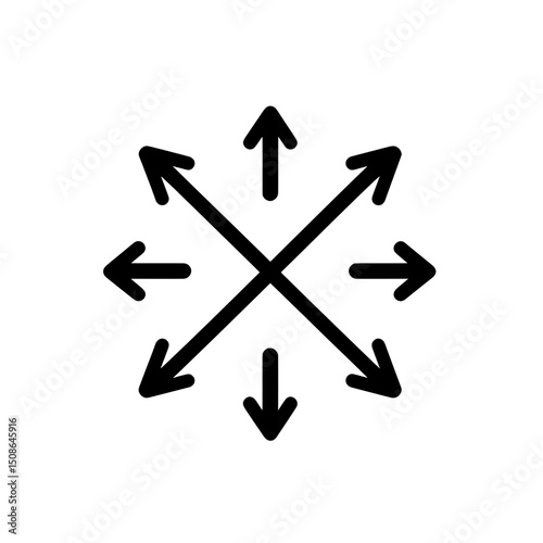 Outward Arrows Expanding from Center Point in Thin Black Outline for Distribution or Spread Concepts