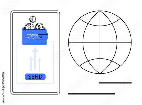 Phone wallet with coins, global grid, and send button suggest digital currency, online payments, international transfers. Ideal for finance, fintech, technology, blockchain globalization