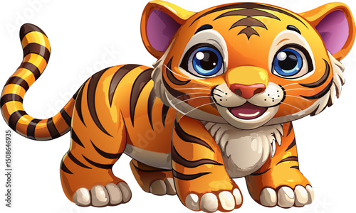 The appeal of this illustration. A majestic cartoon tiger stands tall in this image, with a striking combination of orange and black, complemented by eye-catching eyes.
