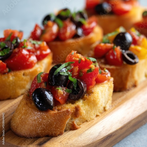 Bruschetta appetizers with tomatoes olives and basil on a wooden board.