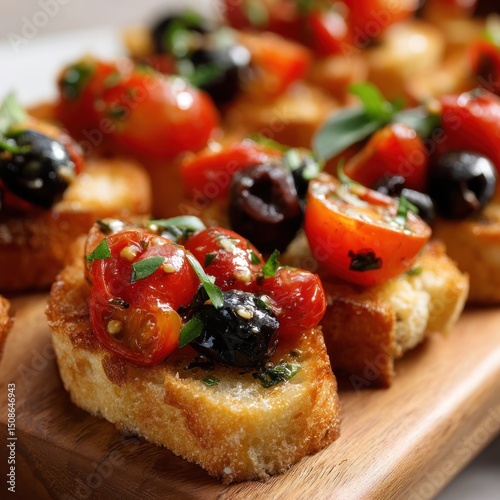 Bruschetta appetizers with tomatoes olives and basil on a wooden cutting board.