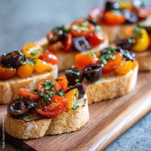 Bruschetta appetizers with tomatoes olives and herbs on a wooden board.