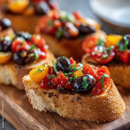 Bruschetta appetizers with tomatoes and olives on toasted bread on a wooden board.