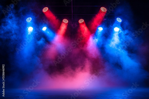 Red and blue stage lights with dense fog