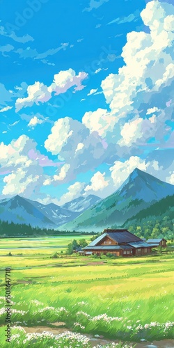 Vibrant Pixel Art Rural Landscape with Traditional House