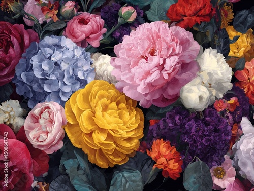 Colorful Floral Arrangement With Roses Peonies And Hydrangeas