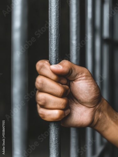 A hand is holding a metal bar. The bar is bent and twisted, and the hand is gripping it tightly. Concept of confinement and restriction, as if the person is being held captive or imprisoned