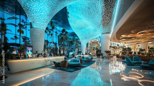 Modern Hotel Lobby With Blue Lighting And Tropical Decor