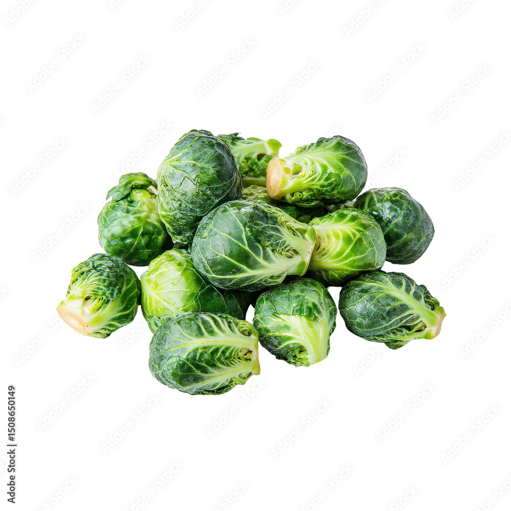 Fototapeta premium Pile of fresh green Brussel, Fresh Green Brussels Sprouts Pile: Crisp, Healthy, and Perfect for Nutritious Meals, isolated on transparent background