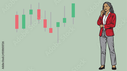 A business woman stockbroker or investor is thinking beside a stock chart candlestick
