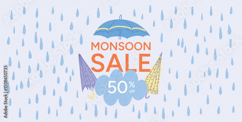 Three Umbrellas under Rain Drops. Monsoon Season Sale with Big Discount Text in Cloud Shape. Vector Flat Graphic Illustration for Banner, Poster, Offer or Promotion Template.