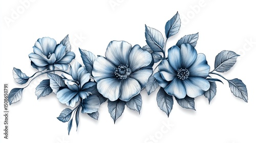 Elegant blue floral illustration capturing a serene and artistic floral arrangement with delicate petals and intricate