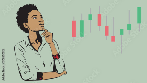 A business woman stockbroker or investor is thinking beside a stock chart candlestick