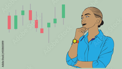A business woman stockbroker or investor is thinking beside a stock chart candlestick