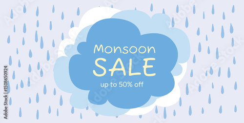 Monsoon Sale Text inside Large Blue Cloud with Raindrops on Light Background. Flat Hand Drawn Vector Illustration for Seasonal Discount Poster, Web Banner or Marketing Design Template.