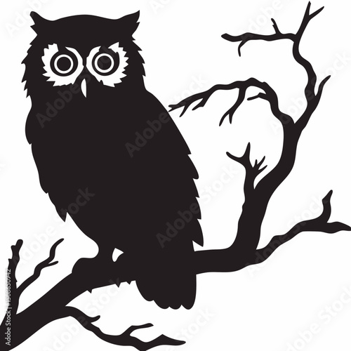 Silhouette vector graphic of a perched nocturnal bird of prey owl on a branch in the night time scene