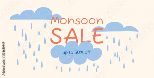 Blue Clouds with Falling Raindrops and Monsoon Sale Text in Playful Style. Discount Message Inside Cloud. Hand Drawn Flat Vector Illustration for Rainy Season Poster or Banner Template.