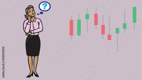 A business woman stockbroker or investor is thinking beside a stock chart candlestick