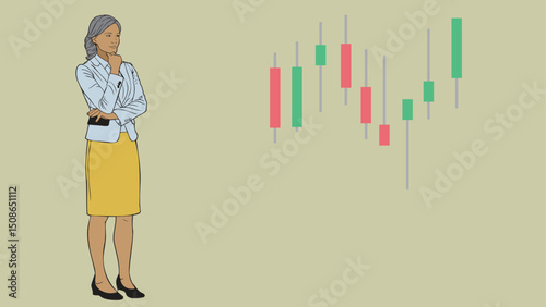 A business woman stockbroker or investor is thinking beside a stock chart candlestick