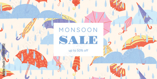 Colorful Umbrellas and Raindrops with Blue Clouds and Monsoon Sale Text in Central Frame. Hand Drawn Flat Vector Seamless Illustration for Poster, Seasonal Promotion, Wrapping Design.