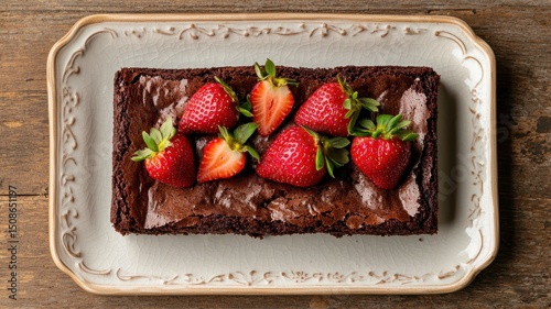 National brownie day with homemade chocolate idea. Delicious chocolate brownie topped with fresh strawberries.