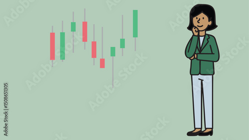 A business woman stockbroker or investor is thinking beside a stock chart candlestick