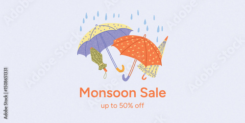 Multiple Colorful Umbrellas in Rain. Monsoon Sale Text with Discount Offer Below. Hand Drawn Flat Vector Illustration for Seasonal Promotion Poster, Social Media or Banner Template.