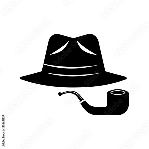 Detective's Fedora and Smoking Pipe Silhouette