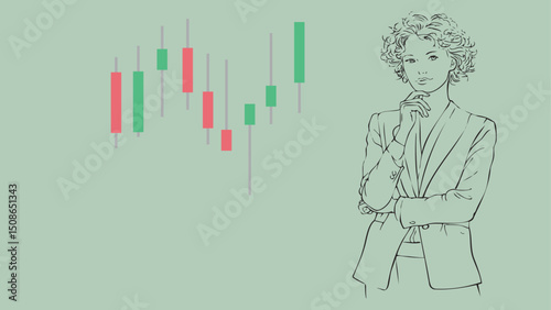 A business woman stockbroker or investor is thinking beside a stock chart candlestick