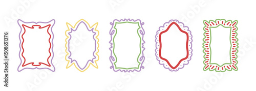 Colorful Hand Drawn Frames with Ornamental Shapes and Twisted Borders. Decorative Stamp Inspired Borders in Orange, Green and Purple. Vector Illustration on Light Background