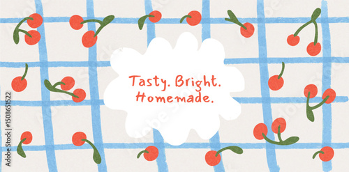Cherry fruit pairs with stems on blue checkered grid, white cloud shape in center with text. Homemade organic fruit decor for banner, ad, label, packaging. Vector seamless illustration.