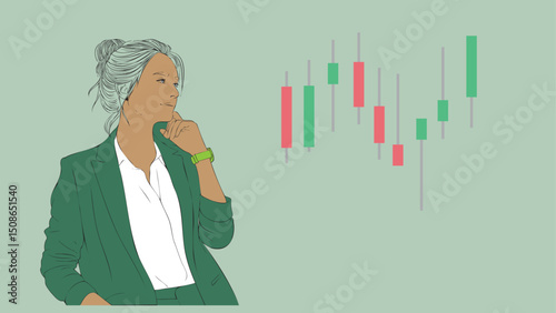 A business woman stockbroker or investor is thinking beside a stock chart candlestick