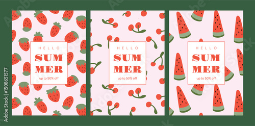 Set of summer fruit posters with strawberry, cherry and watermelon. Bold typography in center. Bright simple fruit seamless patterns. Vector illustration for sale banner, flyer, seasonal marketing.