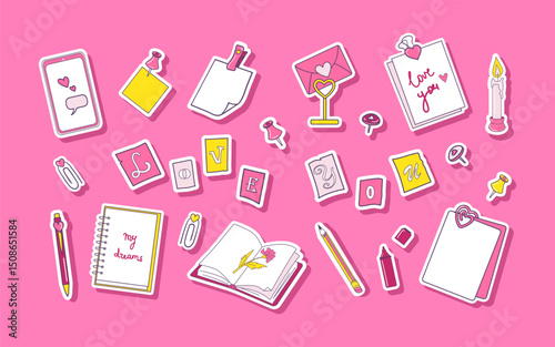 Love themed stationery, collage Love You. Cute romantic stickers for diary, social media, surfaces