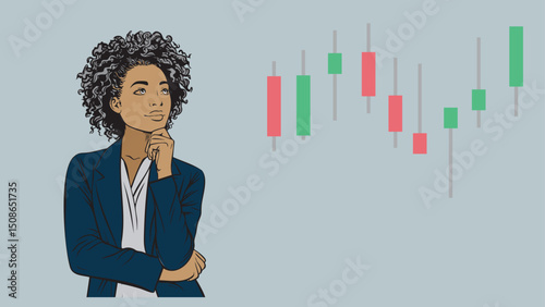 A business woman stockbroker or investor is thinking beside a stock chart candlestick
