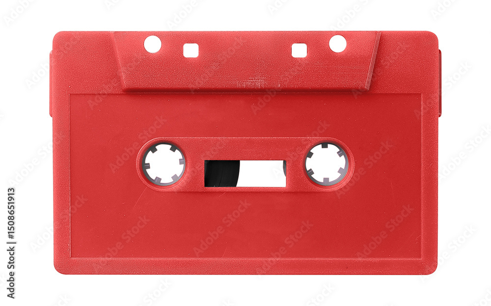 Fototapeta premium Old cassette tape case on black background. Isolated music transparent mockup. Clean cover box template.