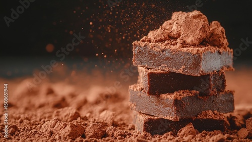 National brownie day with homemade chocolate idea. Stacked chocolate brownies with cocoa powder dusting.